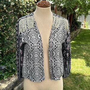 BKE Gimmicks Women’s Fringe Western Boho Open Front Crop Jacket Size Small